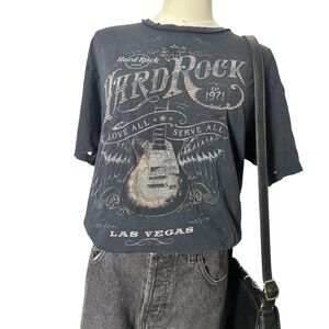y2k Hard Rock Cafe Las Vegas Distressed Graphic Tee Faded Black Guitar Small